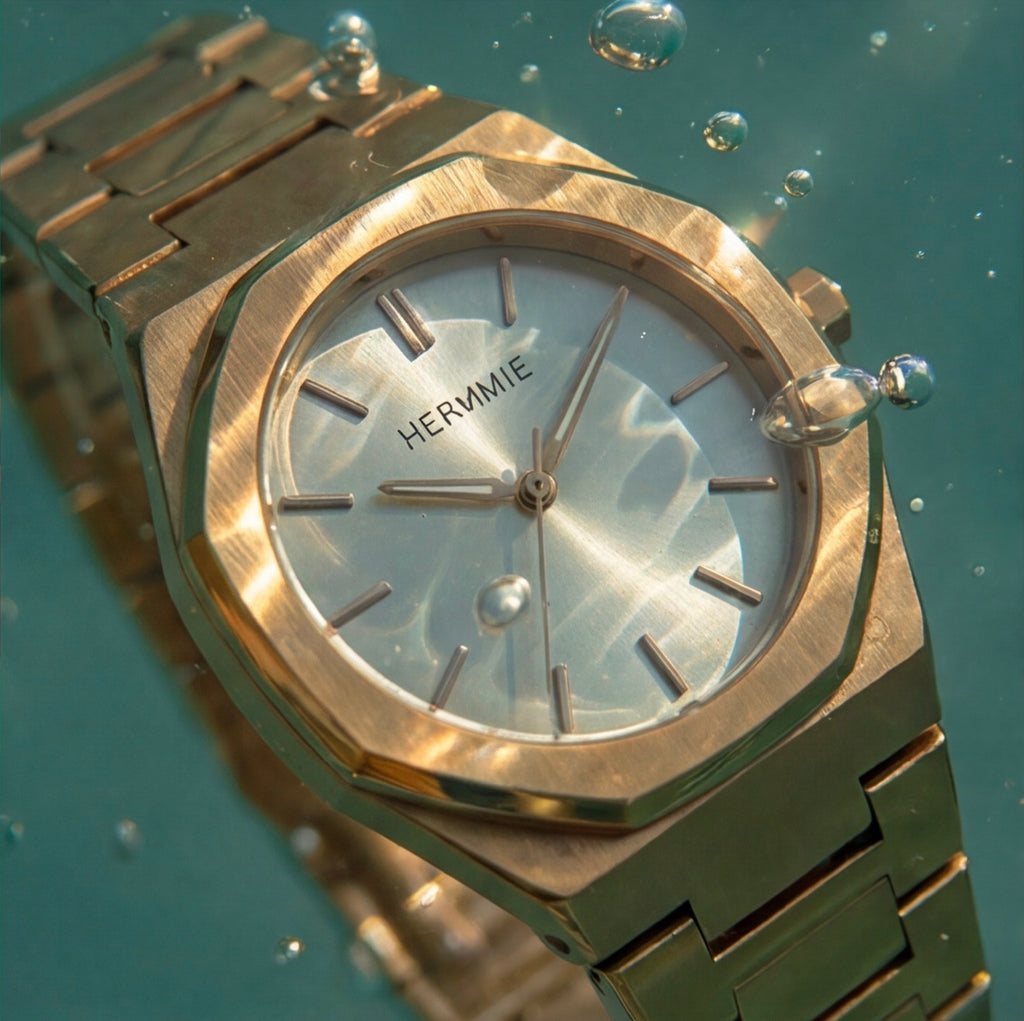 HËRMMIE Première — composición del reloj entre reflejos y burbujas